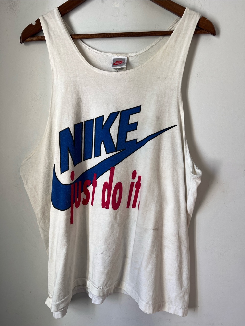 Nike White Tank with Blue Logo and Red Script STAINS See Measurments